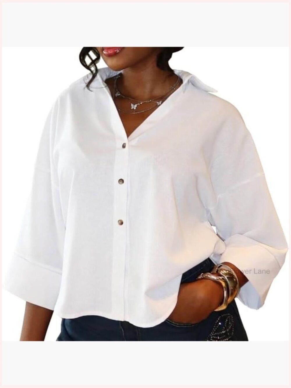 Oversized Button Down Shirt 3/4 Sleeve V Neck Blouse